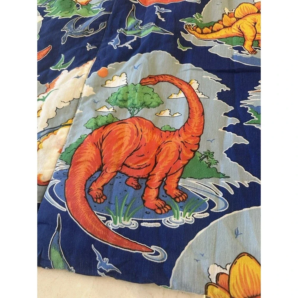 VTG 80s 90s Dinosaur T Rex Blanket Quilted Comforter 100x75” Heavyweight XL Blue
